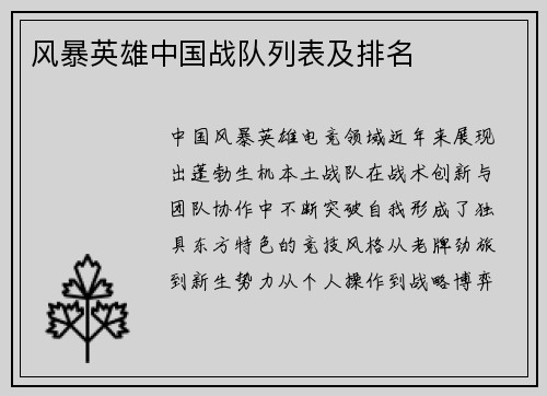 风暴英雄中国战队列表及排名
